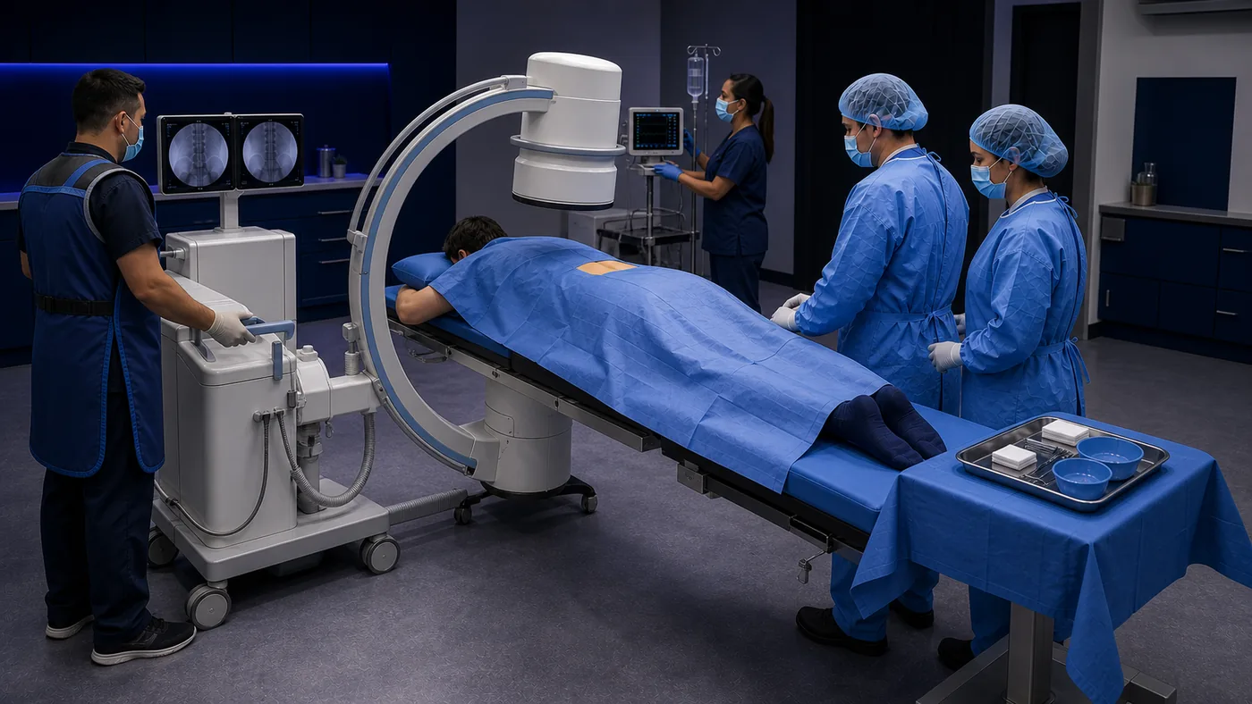 AI-generated conceptual LESI room showing a fully draped patient face-down on a procedure table, an X-ray technologist positioning a side-mounted C-arm, a clinician and surgical technologist beside the lumbar area, and a nurse near the patient's head and monitor